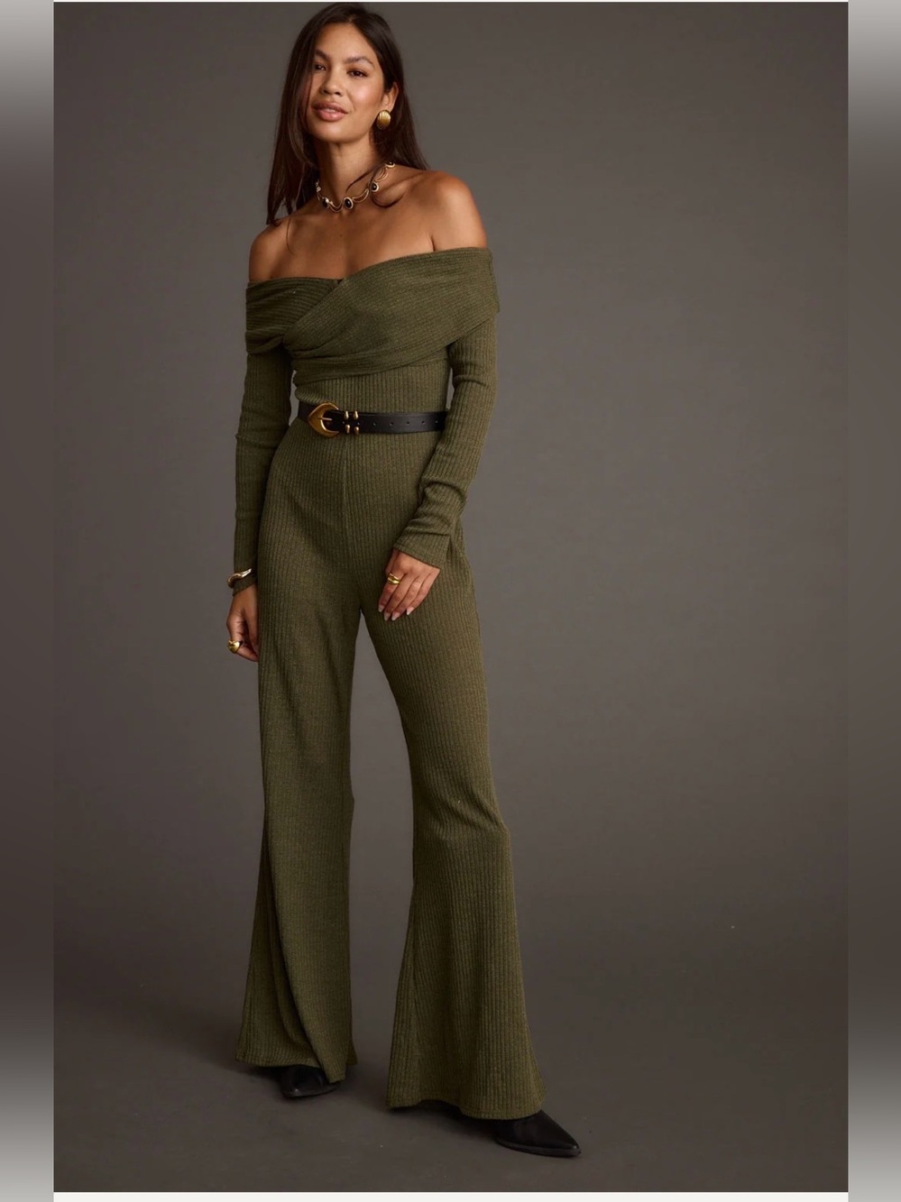 12th Tribe Greenwich Olive Knit Off-the-Shoulder Wide Leg Jumpsuit Size S
